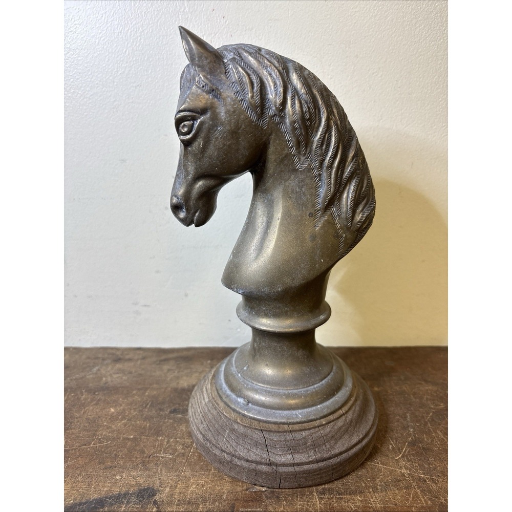 Brass Horse Head Figurine Bust Sculpture Display on Wood Base - AS IS